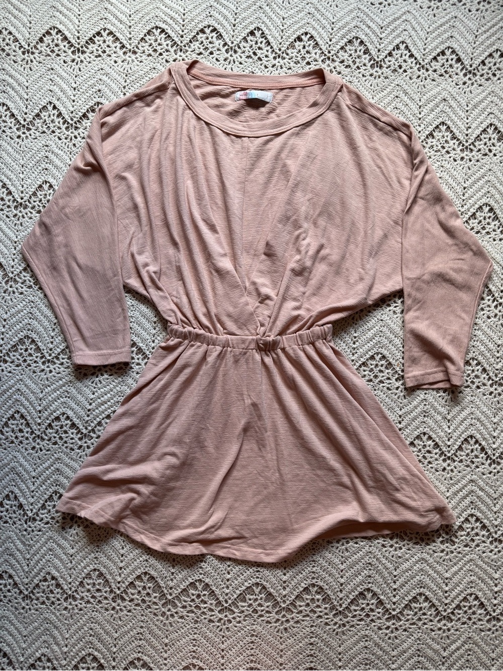 Free People Beach Blush Pink Elastic Waist Long Sleeve Raw Hem Lightweight Dress
